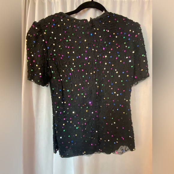 Sequin & Beaded Black Top with Raw Edges Sténay 100% Silk - Picture 5 of 7